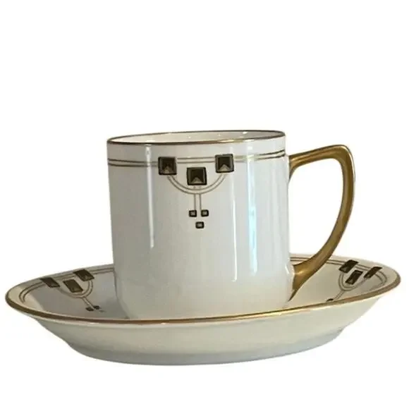 Vintage Victoria Austria Demitasse/Espresso Cup & Saucer, Gold, Black, Set of 10